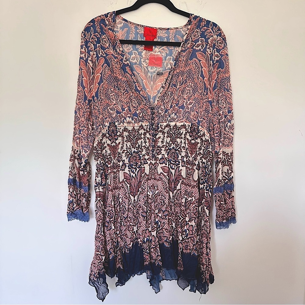 V Cristina Bohemian (XL) Sheer Embellished Tunic Top/Dress - Longsleeve, Printed